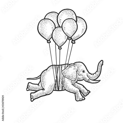 Elephant flies on balloons sketch engraving vector illustration. T-shirt apparel print design. Scratch board imitation. Black and white hand drawn image.
