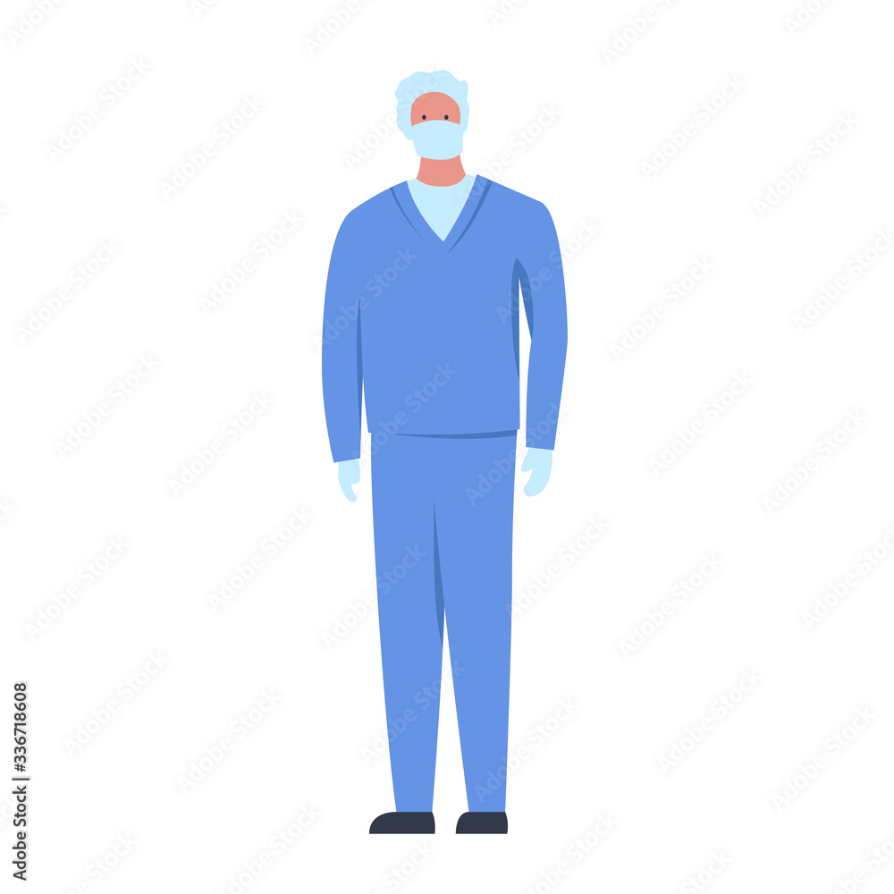 Vector illustration of a character of a masked male doctor wearing gloves and headdress. It represents a concept of doctors work, medical protection and health safety Vector illustration of a character of a masked male doctor wearing gloves and headdress. It represents a concept of doctors work, medical protection and health safety