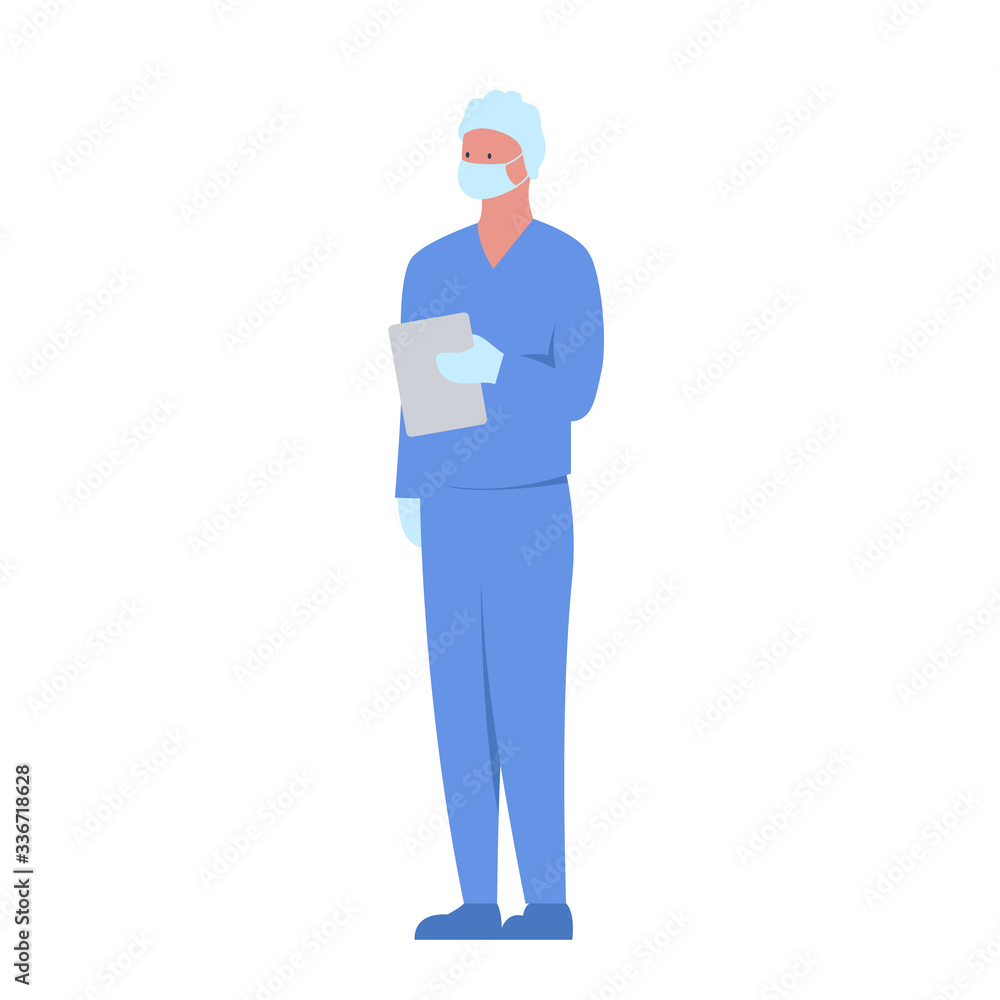 Vector illustration of a character of a musked female nurse standing in a medical gown with folder in her hand. It represents a concept of nurse work, medical protection and health safety Vector illustration of a character of a musked female nurse standing in a medical gown with folder in her hand. It represents a concept of nurse work, medical protection and health safety