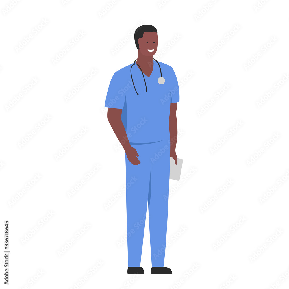 Vector illustration of a character of a smiling male doctor with a folder in his hand and a stethoscope on his neck. It represents a concept of doctors work, medical protection and health safety Vector illustration of a character of a smiling male doctor with a folder in his hand and a stethoscope on his neck. It represents a concept of doctors work, medical protection and health safety