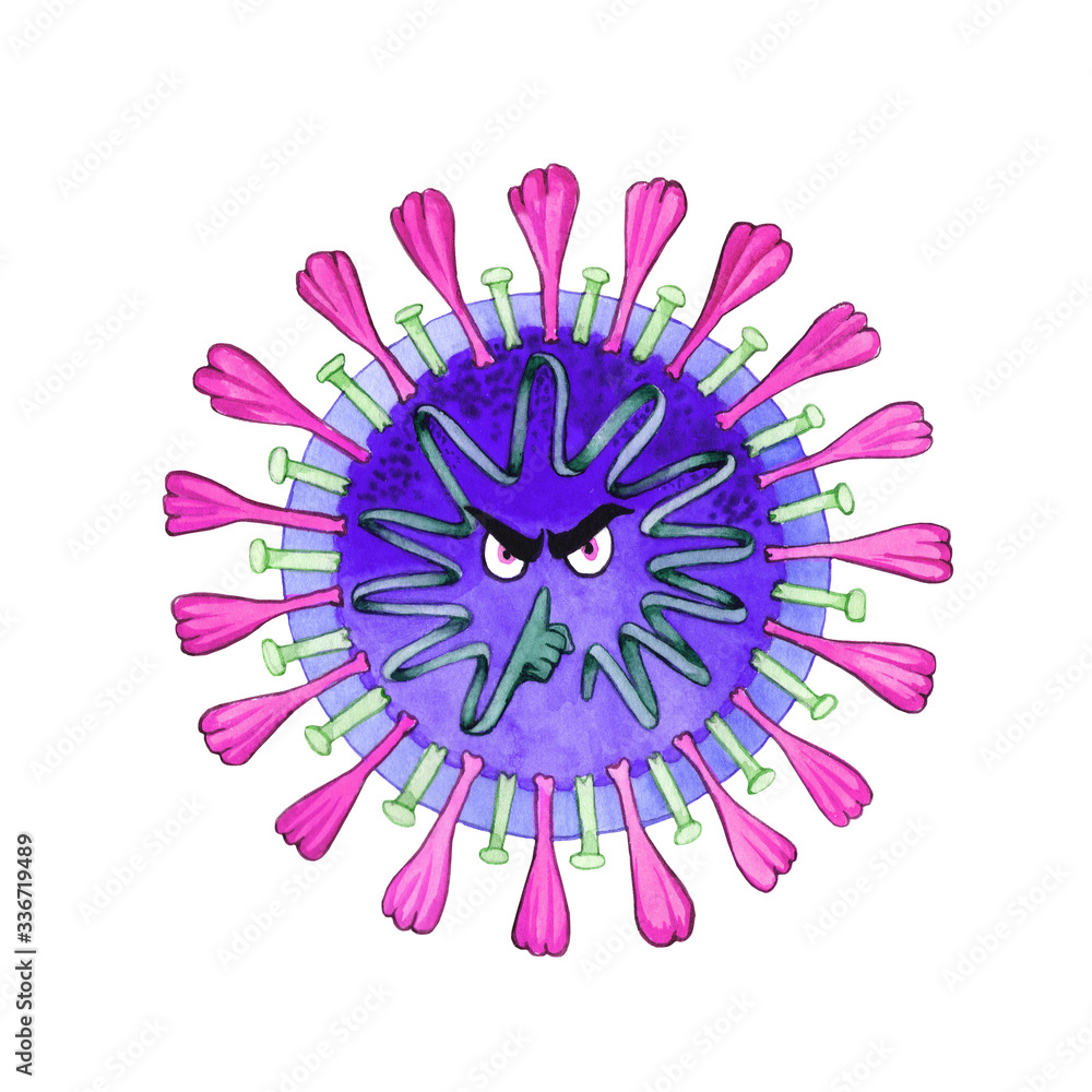 Obraz premium A microscopic view of a virus molecule with an expression of anger and fear. China respiratory syndrome pathogen 2019-ncov, hand-drawn watercolor illustration. Dangerous Asian crown virus ncov.