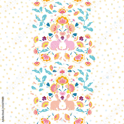 Vector folk art boho easter bunny vertical border on white dotted background. Happy spring design. Event and holidays. Surface pattern design.