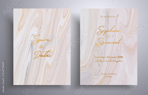 Vector wedding invitation with with swirling paint effect. Pink, beige and white overflowing colors. Beautiful cards that can be used for design cover, invitation, greeting cards, brochure and etc