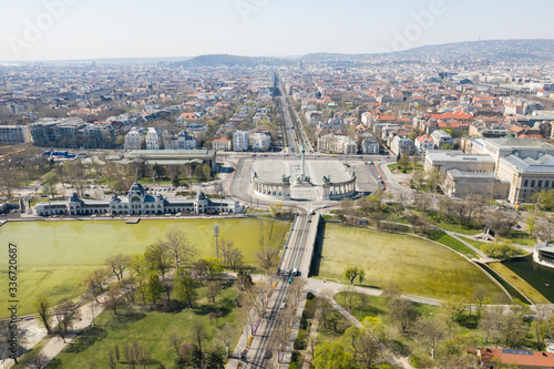 Empty tourist destination in Budapest, Hungary. City Park is normally full, now deserted. Heroes Square. Global travel industry, tourism stopped in Europe. 