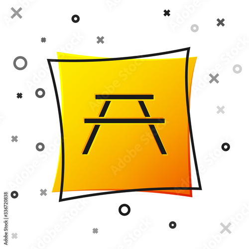 Black Picnic table with benches on either side of the table icon isolated on white background. Yellow square button. Vector Illustration