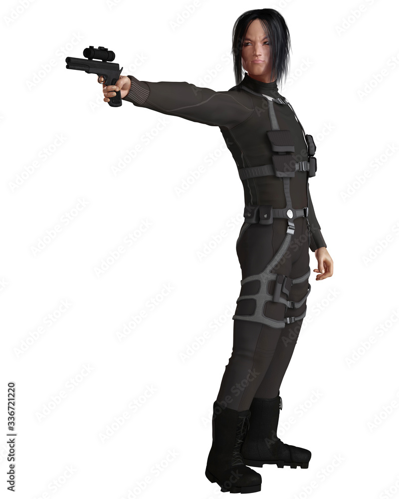 Illustration of a male Asian assassin dressed in black carrying a gun and shooting sideways, 3d digitally rendered illustration Illustration of a male Asian assassin dressed in black carrying a gun and shooting sideways, 3d digitally rendered illustration