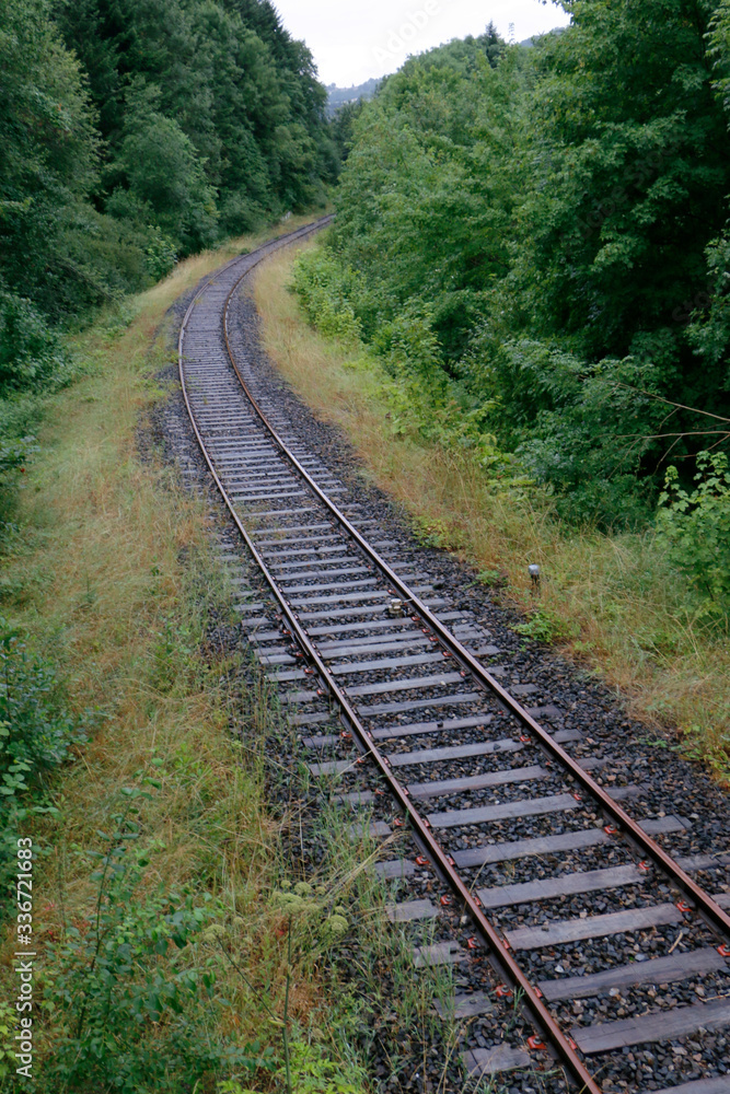 Old railroads in a forest slowly becoming rusty and grown over with grass Old railroads in a forest slowly becoming rusty and grown over with grass