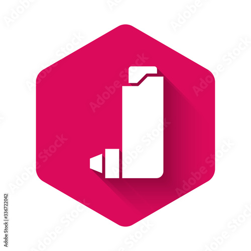 White Inhaler icon isolated with long shadow. Breather for cough relief, inhalation, allergic patient. Pink hexagon button. Vector Illustration