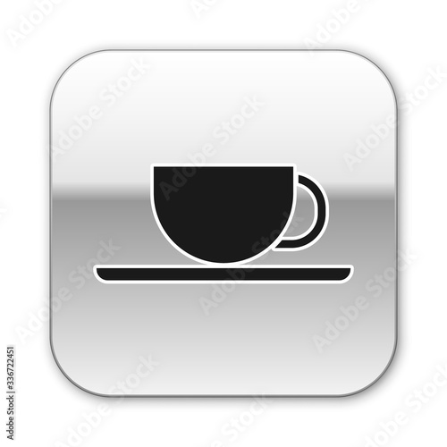 Black Coffee cup icon isolated on white background. Tea cup. Hot drink coffee. Silver square button. Vector Illustration