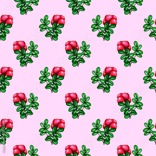 Seamless watercolor pattern with red forest berries cowberry branch and green leaves on pink background. Hand drawn vintage fashion print for design textile, fabric, wrapping paper, scrapbooking