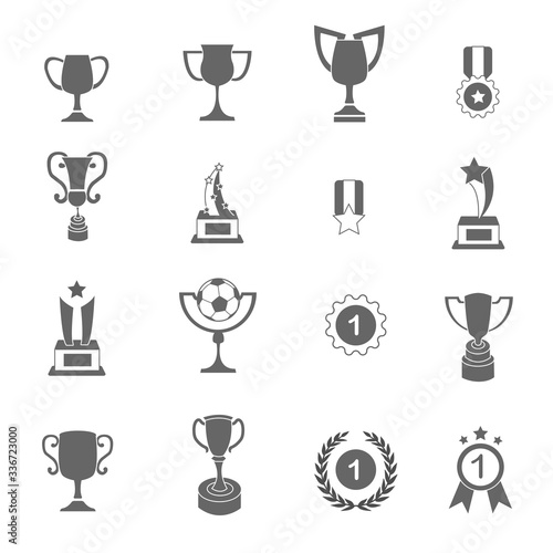 Achievement icons set. with trophy, pedals and star for winner in illustration