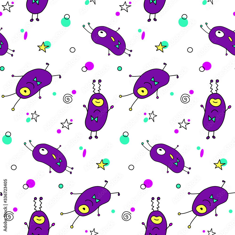 Obraz premium Vector color seamless repeating childish pattern with cute monsters aliens and space doodles. Baby background perfect for fabric, wrapping, wallpaper, textile, apparel, cover