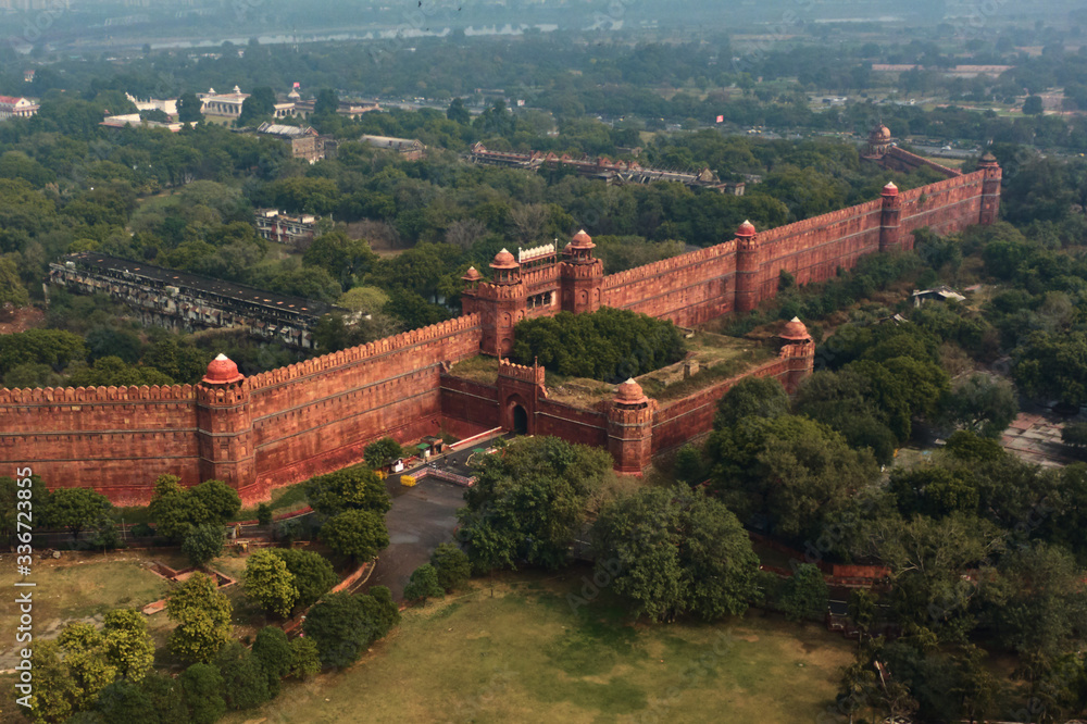 Red fort wall in New Delhi, India, aerial drone view