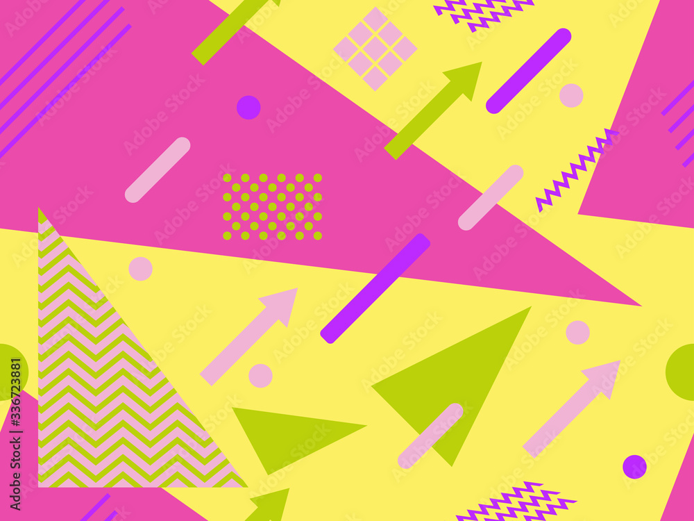 Memphis seamless pattern with geometric shapes in the style of the 80s. Eighties print colorful background for promotional products, wrapping paper and printing. Vector illustration Memphis seamless pattern with geometric shapes in the style of the 80s. Eighties print colorful background for promotional products, wrapping paper and printing. Vector illustration