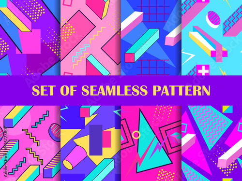 Memphis set of seamless pattern with geometric shapes in the style of the 80s. Eighties print colorful background for promotional products, wrapping paper and printing. Vector illustration