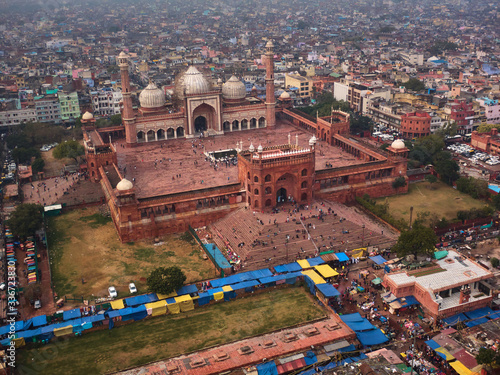Jama Masjid biggest mosque of India in New Delhi, aerial drone view photo
