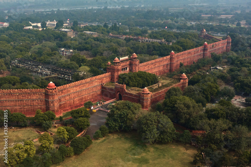 Canvas Print Red fort wall in New Delhi, India, aerial drone view