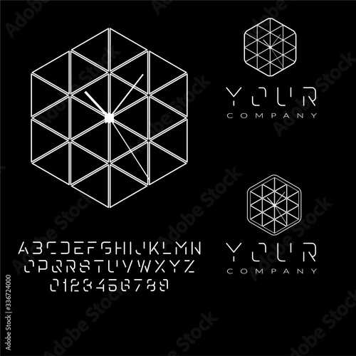 Logo with a clock, white, hexagon, triangle, abstract, modern, with text