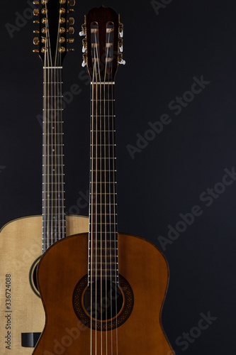 Two acoustic guitars on a dark background with a gradient.