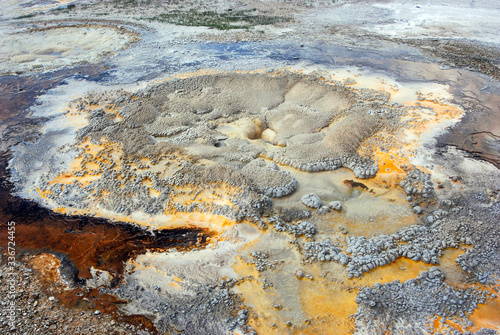 Closeup of the colors and textures produced by extremophile bacteria and mineral deposits on Anemone Geyser in Upper Geyser Basin in Yellowstone National Park