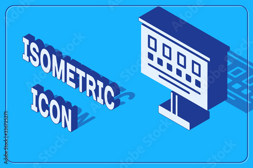 Isometric Eye test chart icon isolated on blue background. Poster for vision testing in ophthalmic study. Snellen chart. Vector Illustration
