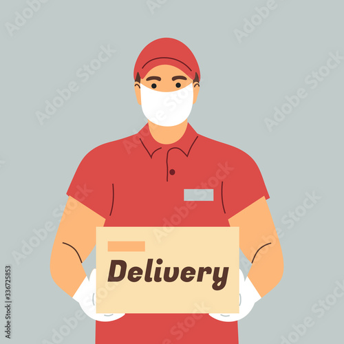 Prevention of coronovirus, covid-19. Delivery of the product during quarantine. A courier in a face mask and white gloves with a box in his hands.