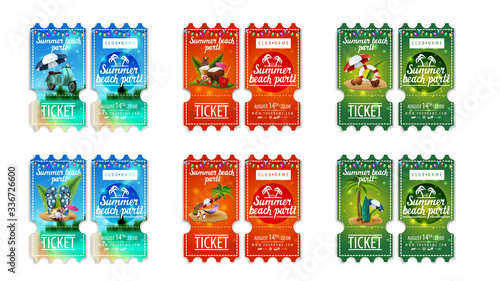 Summer beach party, large set colorful tickets to party with summer icons and garlands ready for print. Orange, blue and green summer beach party ticket isolated on white background