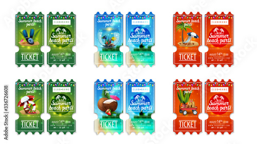 Large set colorful tickets to summer beach party with summer icons. Orange, blue and green summer beach party ticket isolated on white background for your business