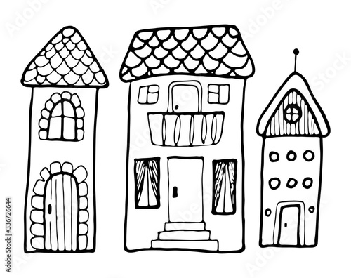 Hand drawn doodles cartoon house with cute windows. Black and whiteb bulding vector illustration set.