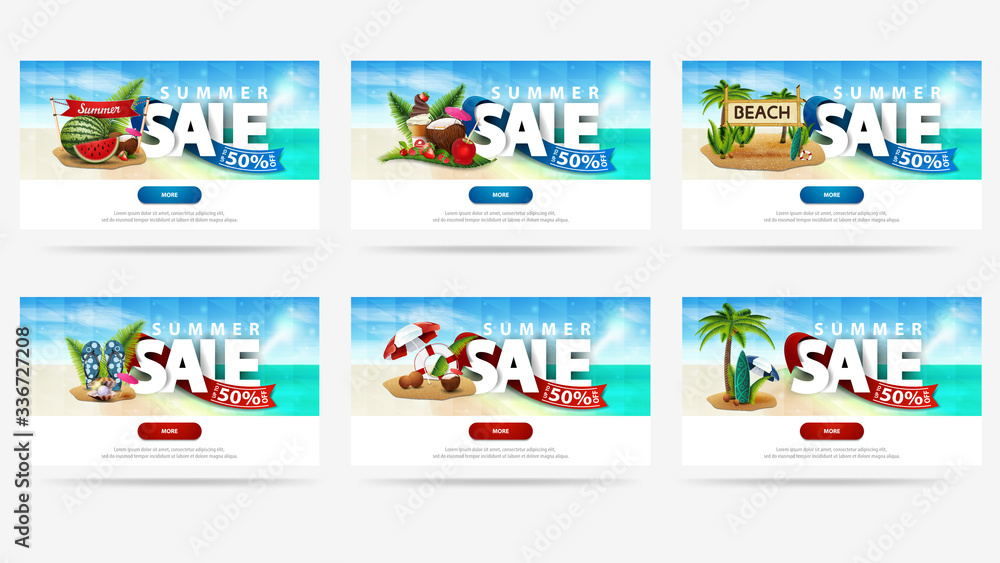 Summer sale, up to 50% off, large set of horizontal discount banners for your website with summer icons, seascape on background, polygonal texture, buttons and large white title wrapped with ribbon 