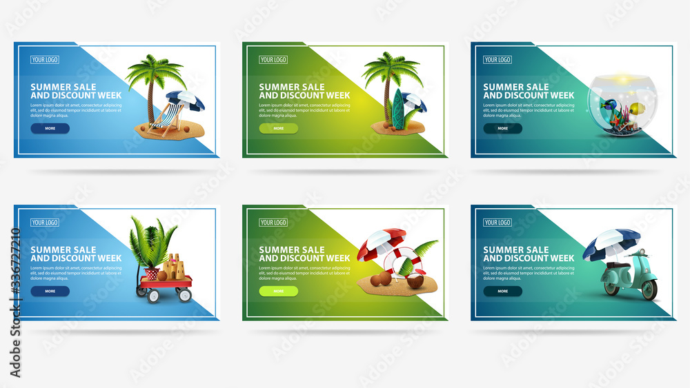 Fotografie Green and blue summer discount banners in minimalistic design with diagonal sha
