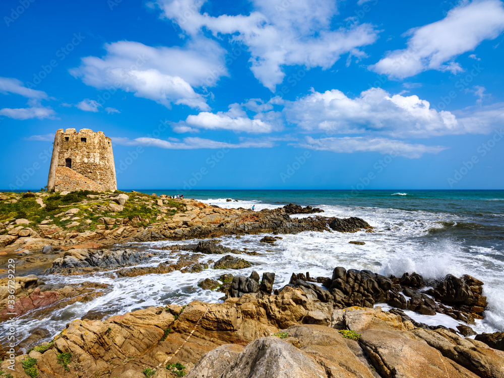 The symbol of the city of Bari Sardo, a tower built on a rocky outcrop on the sea with crystalline water