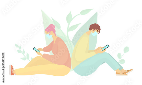 Young girl and guy in medical masks sit back to back and check smartphones. Social isolation. Girl and guy spend time on social networks. Vector flat illustration.