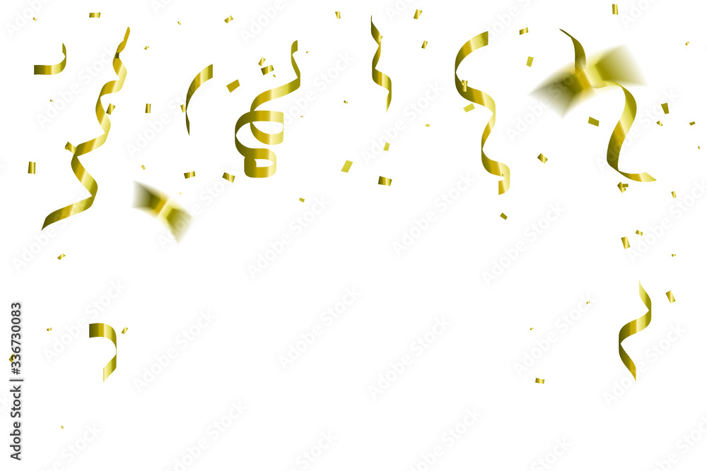 Golden Tiny Confetti And Streamer Ribbon Falling On White Background. Vector Golden Tiny Confetti And Streamer Ribbon Falling On White Background. Vector
