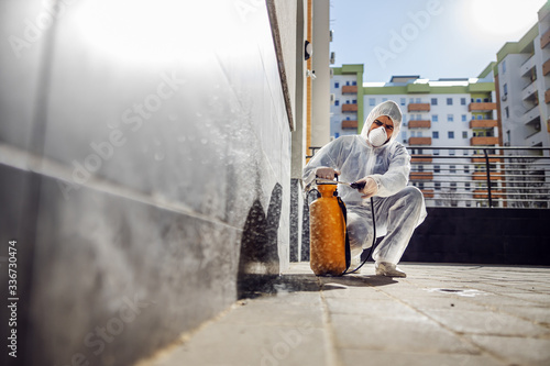 Cleaning and Disinfection outside around buildings, the coronavi photo