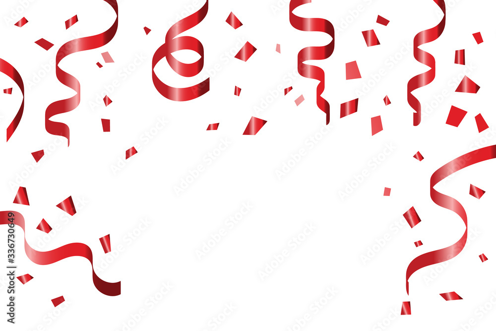Many Falling Red Tiny Confetti And Streamer Ribbon Isolated On White Background. Vector