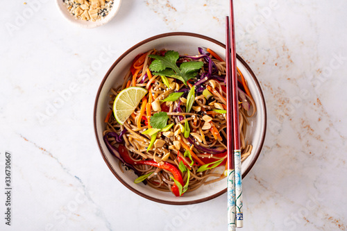 Buckwheat or soba noodle salad with vegetables and peanut sauce photo