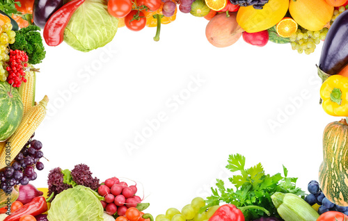 Fototapeta Naklejka Na Ścianę i Meble -  Frame of set vegetables and fruits on white background. Free space for text.