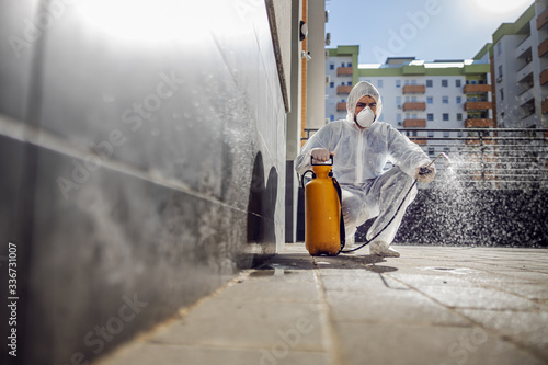 Cleaning and Disinfection outside around buildings, the coronavi photo