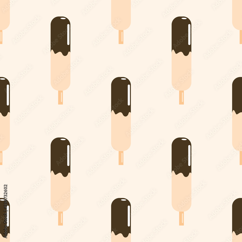 Pink ice cream on a wooden stick seamless pattern. Ice lolly in chocolate glaze backdrop. Pink ice cream on a wooden stick seamless pattern. Ice lolly in chocolate glaze backdrop.