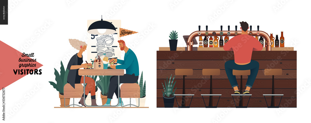 Plakat Visitors -small business graphics. Modern flat vector concept illustrations -set of illustrations showing customers eating inside of cafe, restaurant, bar or pub. Bar counter