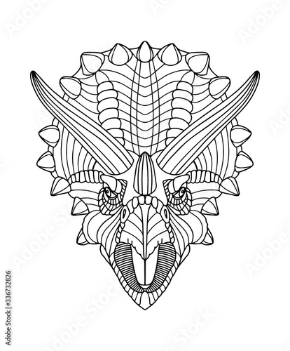 Head of dinosaur Triceratops with horns. Page of coloring book. Vector illustration.