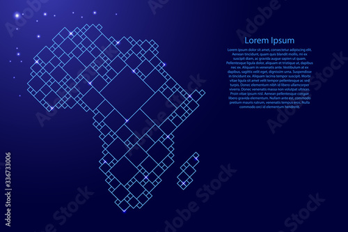 Africa mainland map from blue pattern from a grid of squares of different sizes and glowing space stars. Vector illustration.
