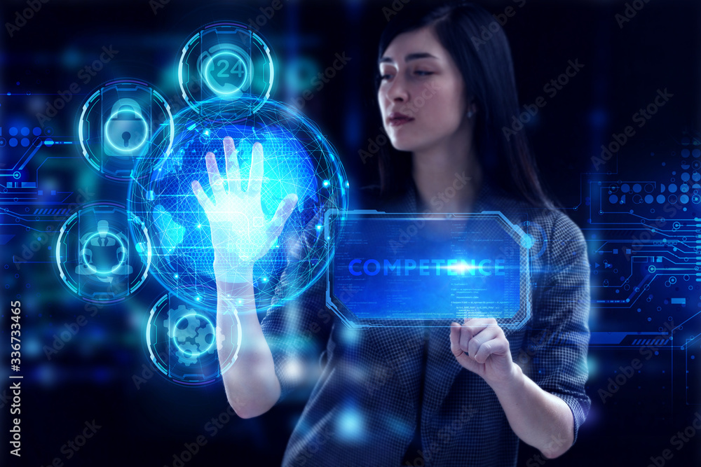 Business, Technology, Internet and network concept. Young businessman working on a virtual screen of the future and sees the inscription: Competence Business, Technology, Internet and network concept. Young businessman working on a virtual screen of the future and sees the inscription: Competence