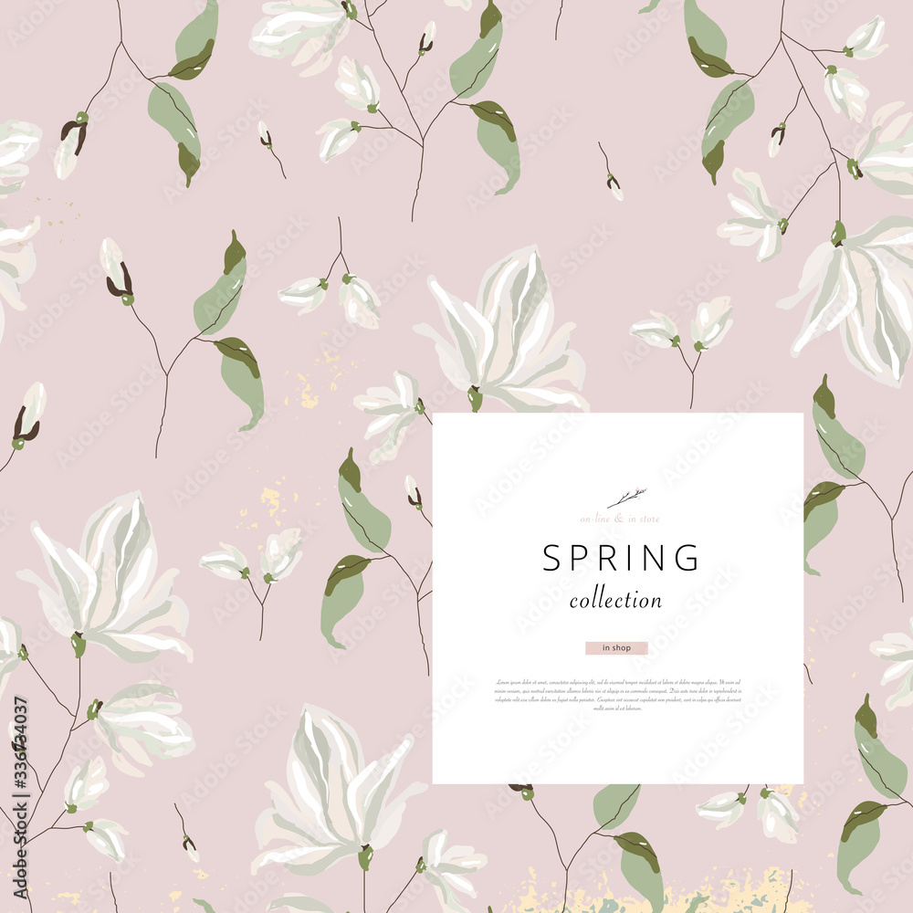 floral spring social media banner for advertising with chic magnolia flower pattern on pink blush background