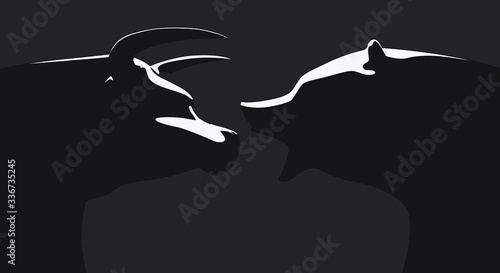 A vector illustration of two castings depicting a stylized bull opposing a bear in dramatic light representing  financial market trends on an dark background