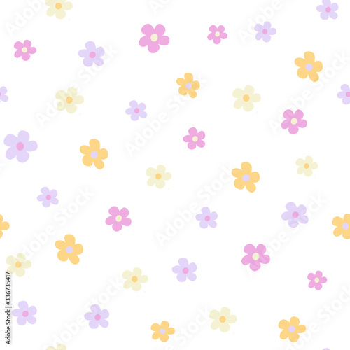 Flat hand drawn floral seamless color pattern. Cartoon texture with cute colors. Sketch of wrapping paper, textile, vector background shading