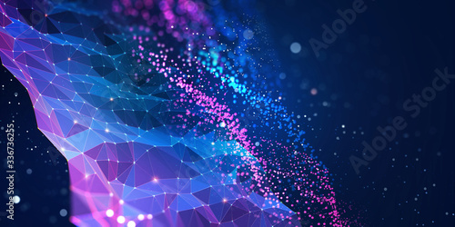 Abstract neural network. Big data concept. Global database and artificial intelligence. Bright, colorful 3D illustration with bokeh effect photo