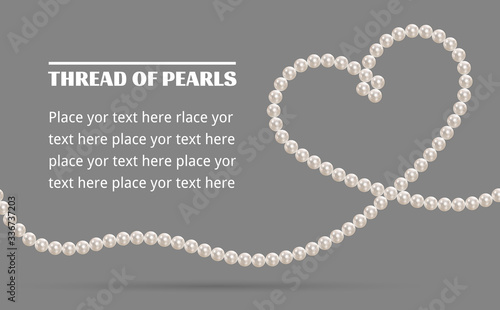 Thread pearls. Pearl necklace. Shiny oyster pearls for luxury accessories. Realistic white pearls. Beautiful natural heart shaped jewelry. Chains of pearls forming an ornament