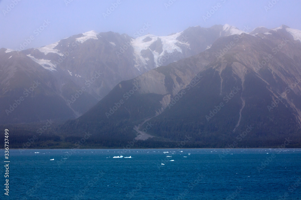 Hubbard Glacier, Alaska / USA - August 08, 2019: View from ship cruise deck near hubbard glacier, Seward, Alaska, USA